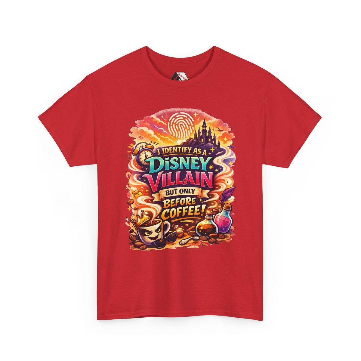 I Identify As a Disney Villain Before Coffee – Funny Theme Park T‑Shirt for Disney Adults