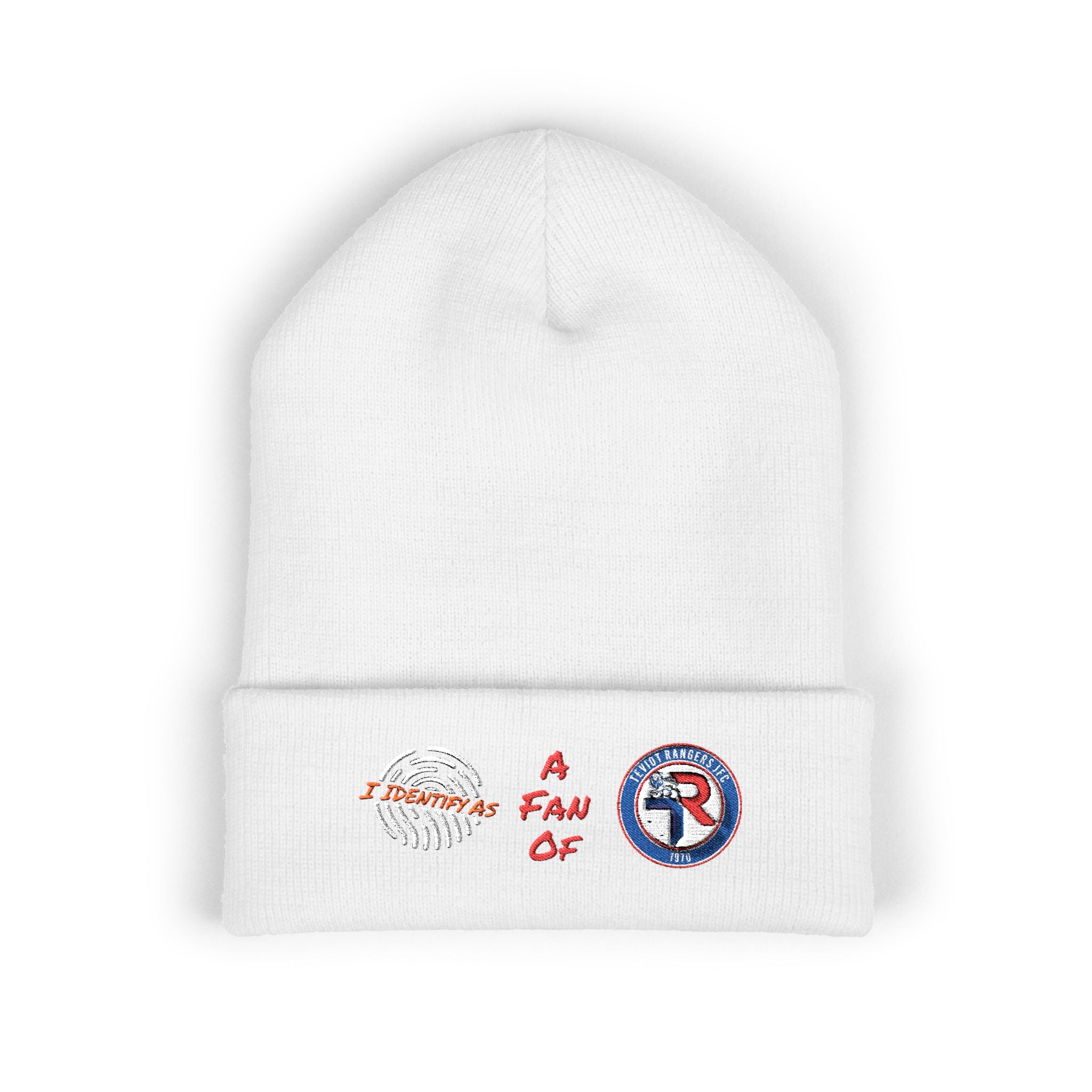 Embroidered 'A Fan Of' Classic Cuffed Beanie — White Knit Winter Hat