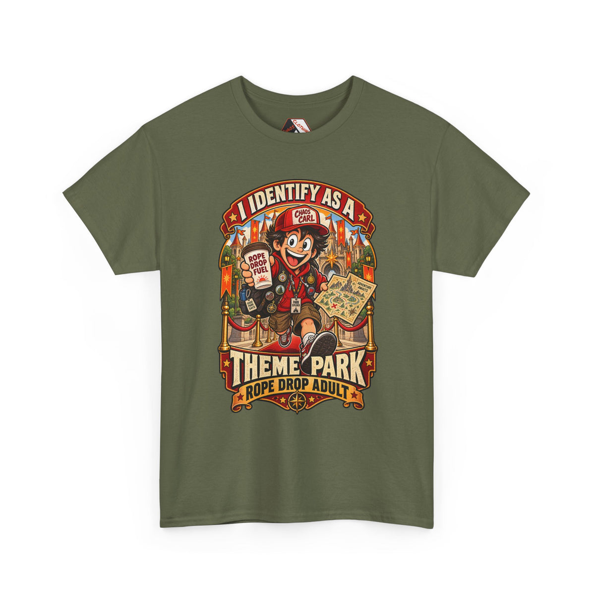 Chaos Clothing by I Identify As™ adventure park t-shirt with Chaos Carl™, theme park map illustration, red hoodie and retro amusement poster aesthetic.