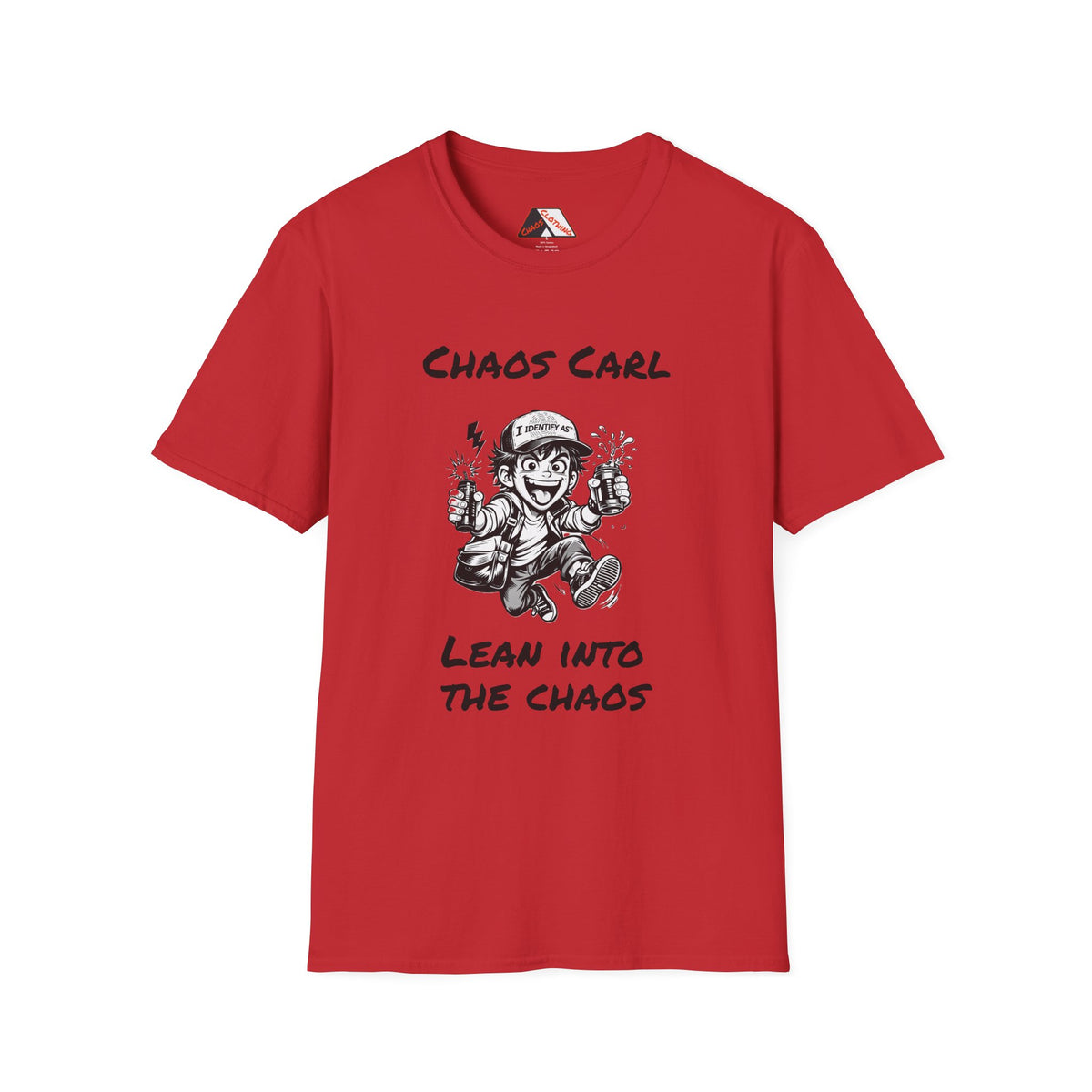 A red short-sleeve crewneck t-shirt with a graphic print on the front. The graphic features a cartoon character wearing a cap and sunglasses, with the text 'CHAOS CARL' above and 'LEAN INTO THE CHAOS' below in a black stylized font. BY I Identify AS