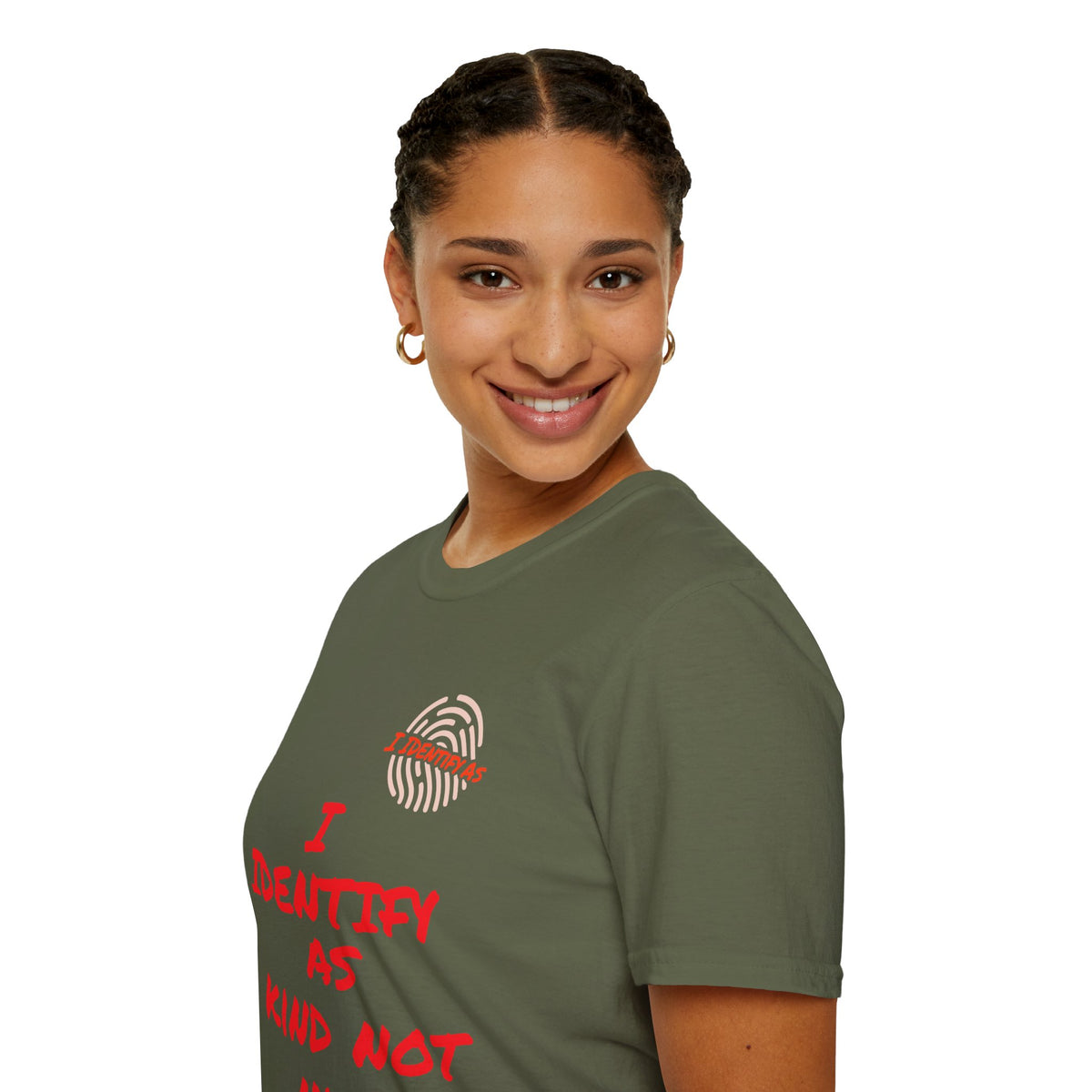 Smiling woman wearing an olive green graphic t-shirt with red text and fingerprint design.