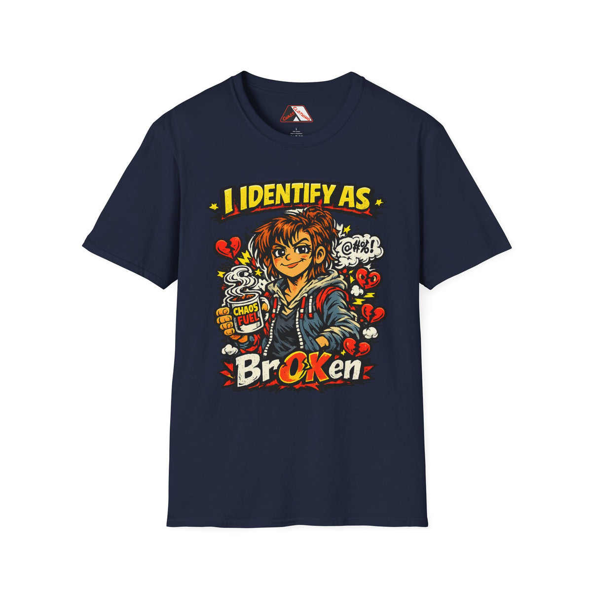 A black short-sleeve t-shirt with a colorful graphic print of Chucky holding a mug that says 'CHAOS IS MY CHOICE', surrounded by red hearts and the text 'I IDENTIFY AS Broken' from Chaos Clothing by I Identify As
