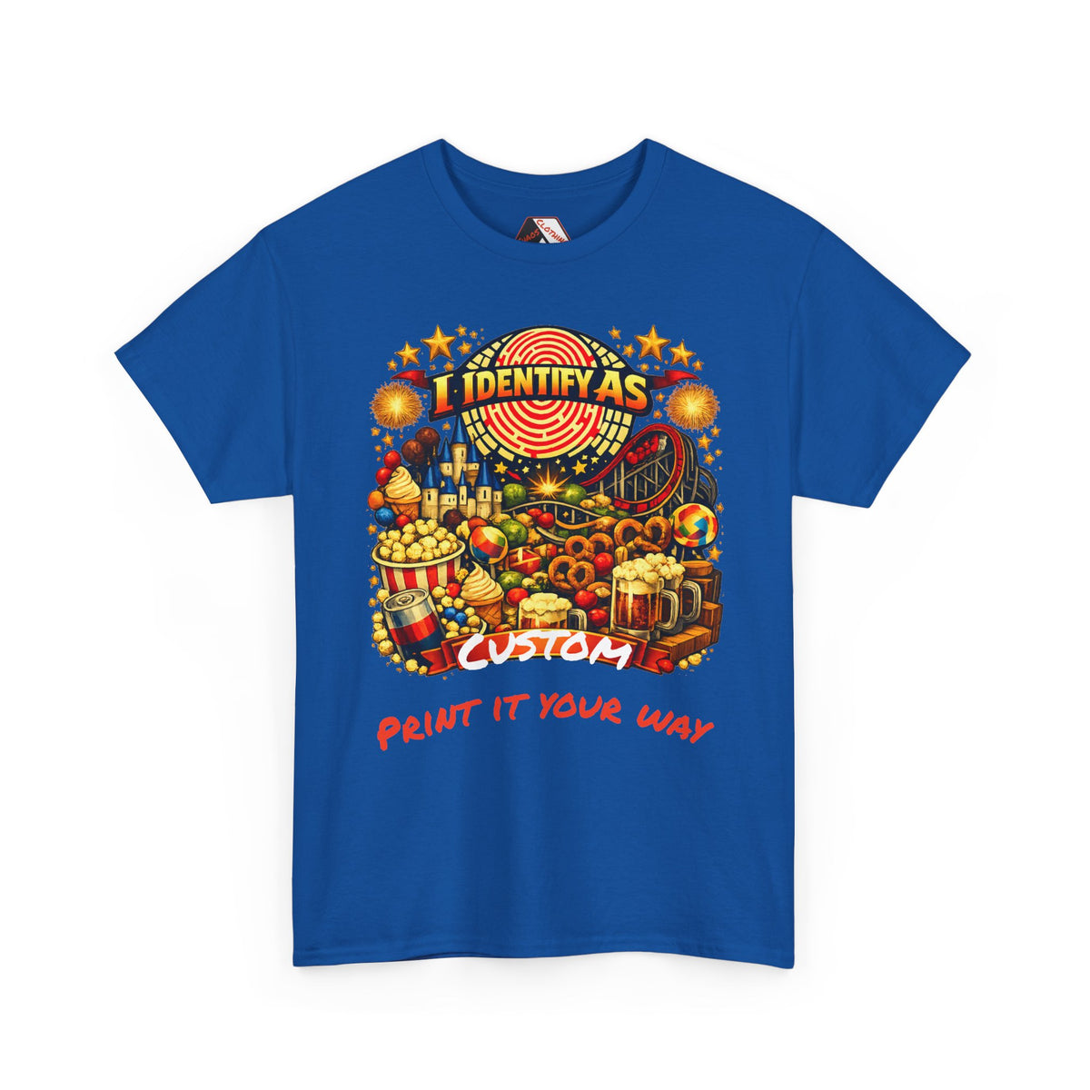 A royal blue short-sleeve t-shirt with a vibrant, multi-colored carnival-themed graphic print on the front. The graphic features the text 'IDENTITY' and 'CUSTOM' with illustrations of carnival games, popcorn, beer, and confetti, and the phrase 'PRINT IT YOUR WAY' in red below.