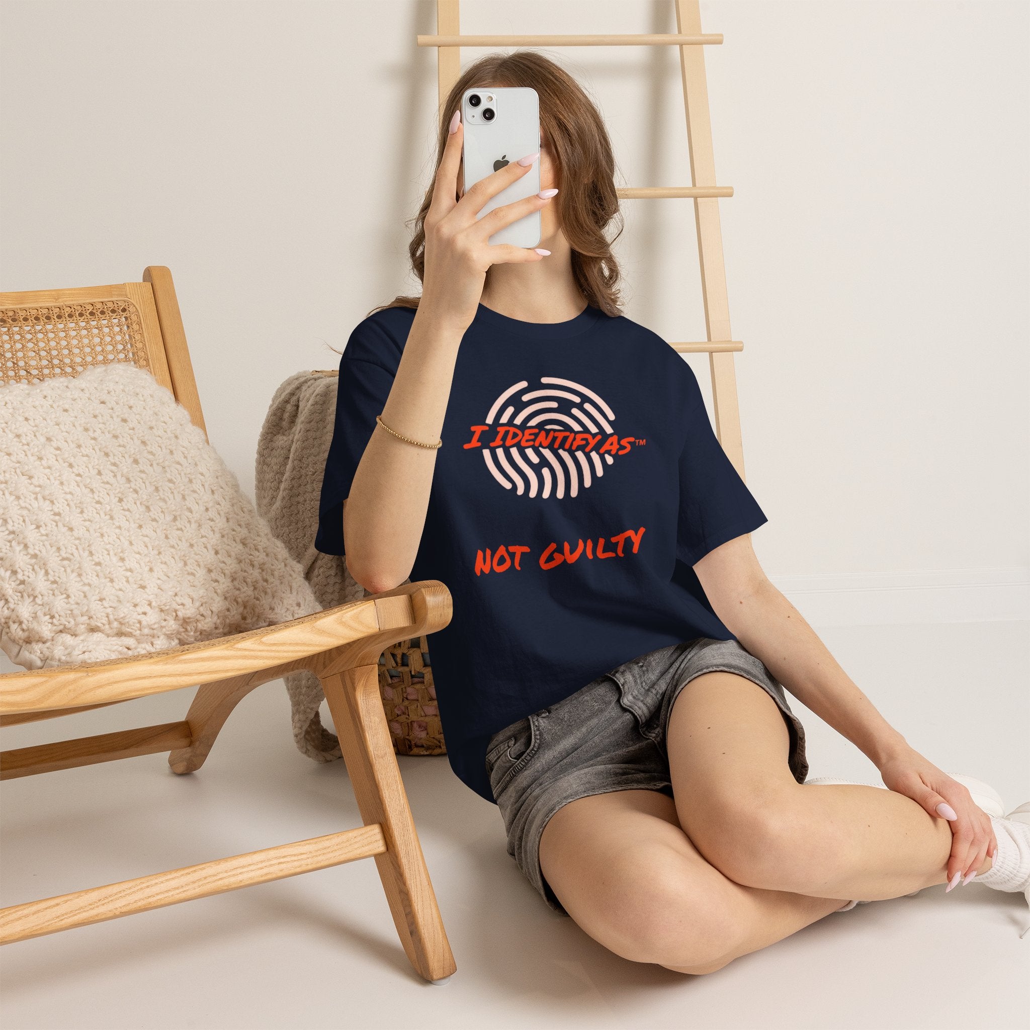 I Identify As Not Guilty funny graphic t‑shirt – bold text design – unisex cotton tee