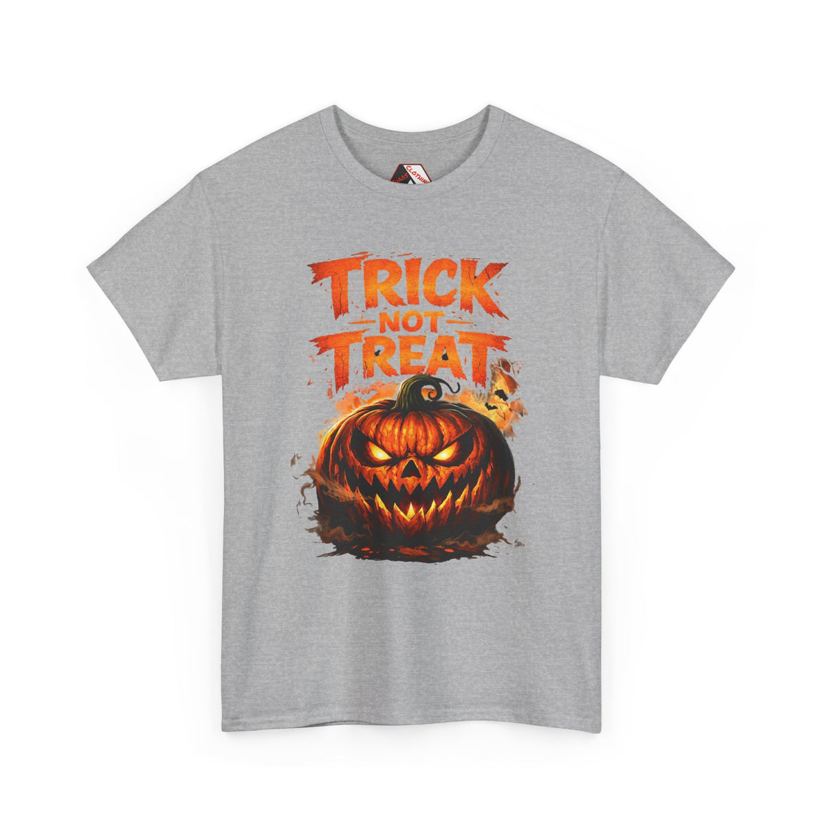 A heather gray short-sleeve crewneck t-shirt featuring a graphic print of a glowing jack-o'-lantern pumpkin and the text 'TRICK OR TREAT' in orange and yellow.