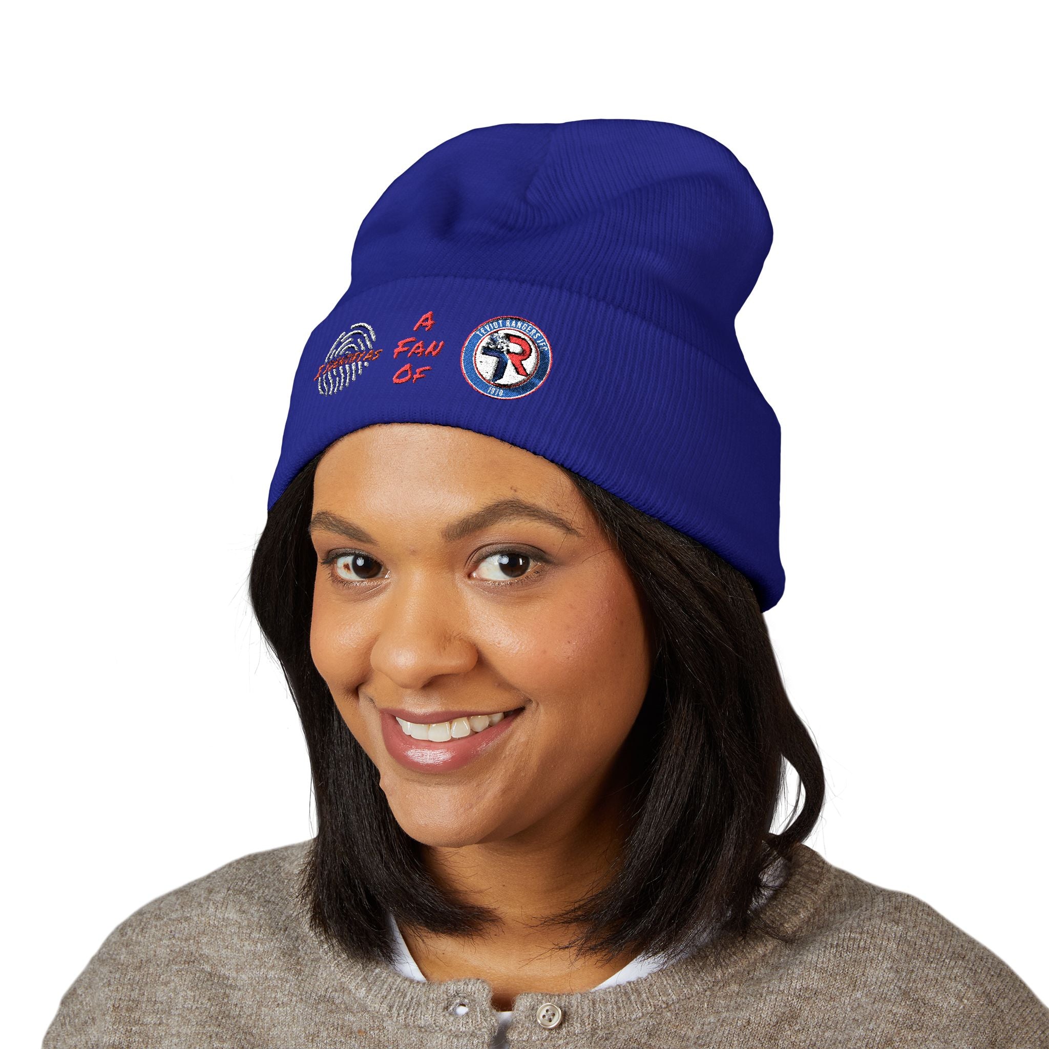 Embroidered 'A Fan Of' Classic Cuffed Beanie — White Knit Winter Hat
