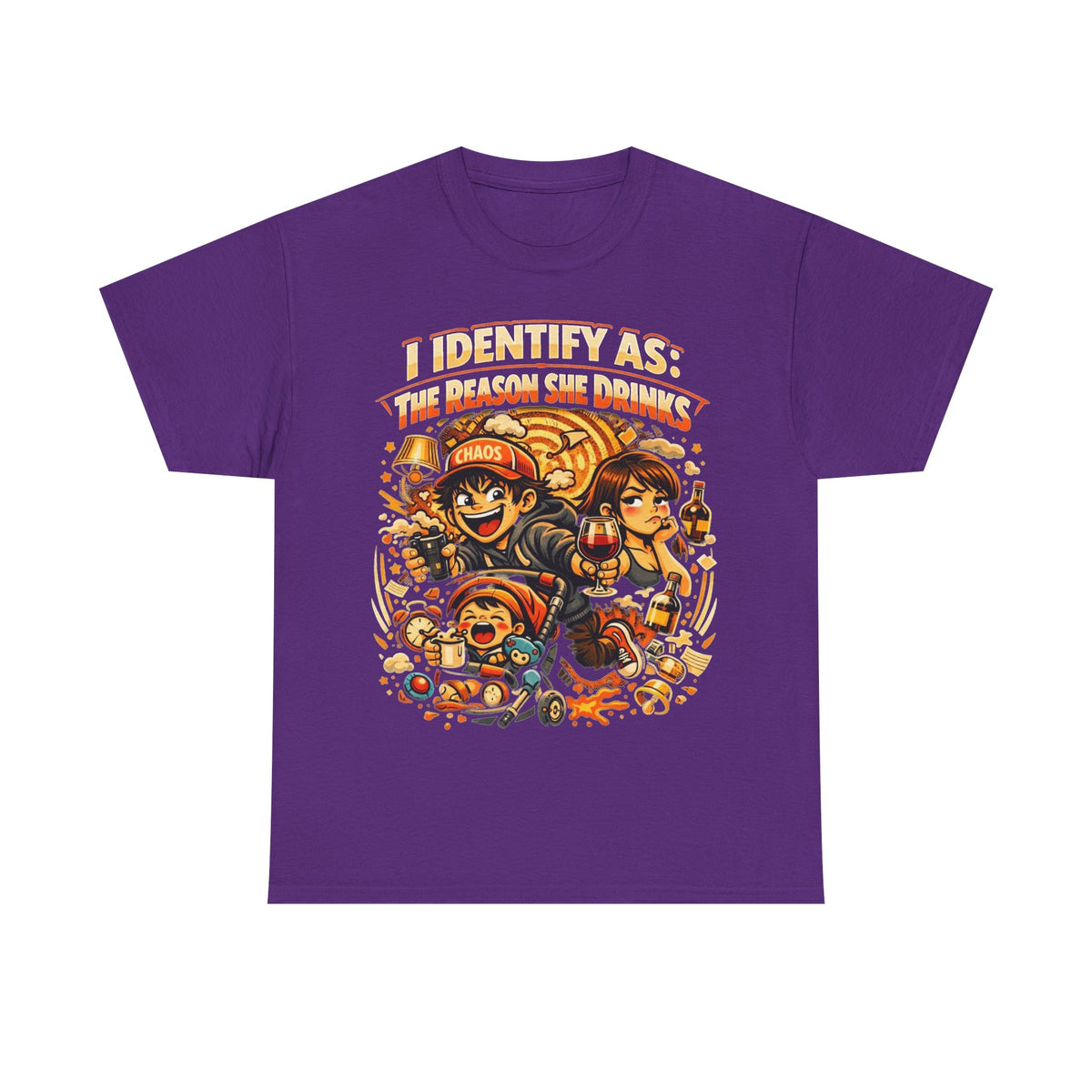 Funny Slogan T‑Shirt – “I Identify As The Reason She Drinks” – Humour Tee – Novelty Gift – Unisex Cotton Graphic Shirt | Chaos Clothing by I Identify As