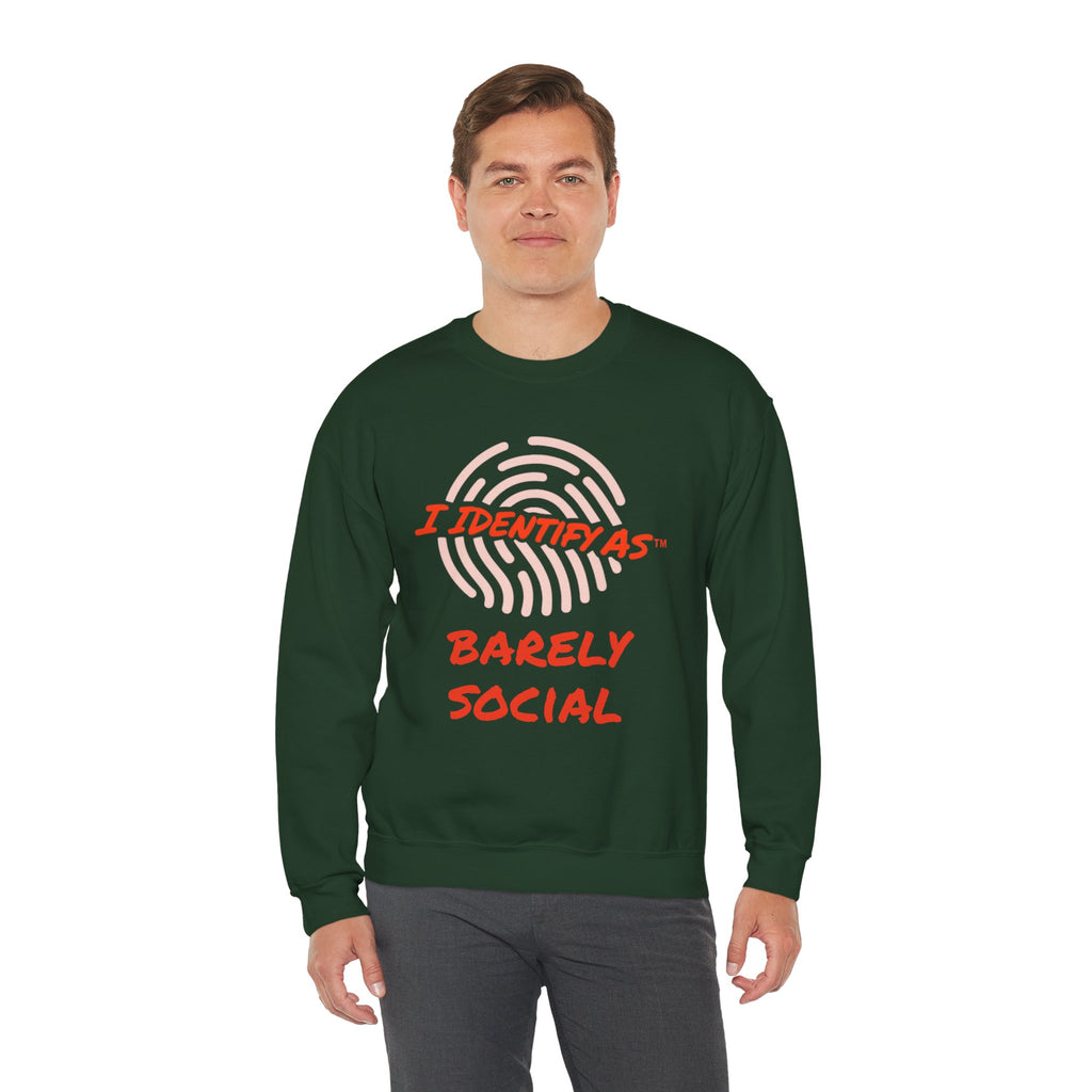 I Identify As Barely Social funny graphic crewneck sweatshirt – introvert humour design – unisex fleece jumper