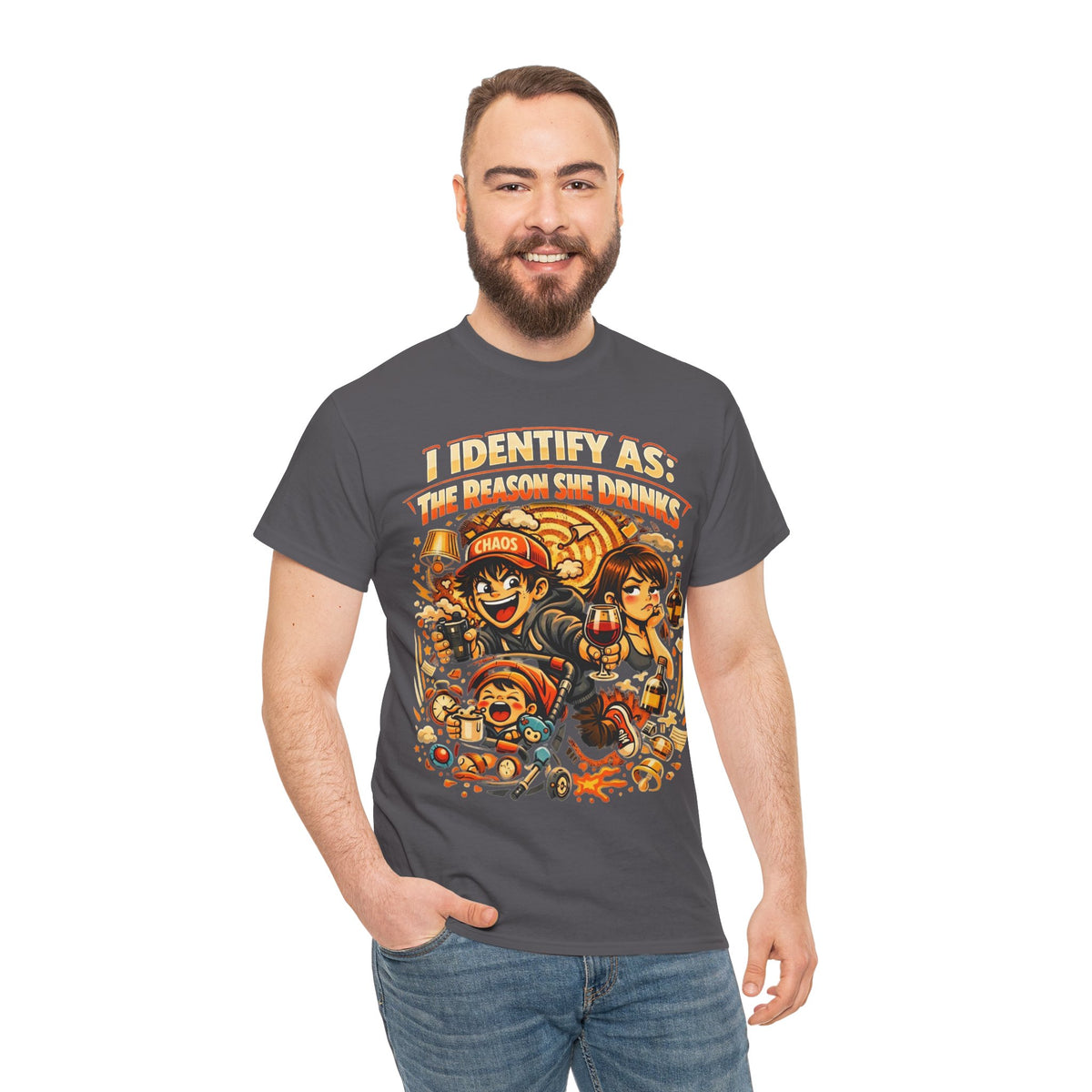 Funny Slogan T‑Shirt – “I Identify As The Reason She Drinks” – Humour Tee – Novelty Gift – Unisex Cotton Graphic Shirt | Chaos Clothing by I Identify As