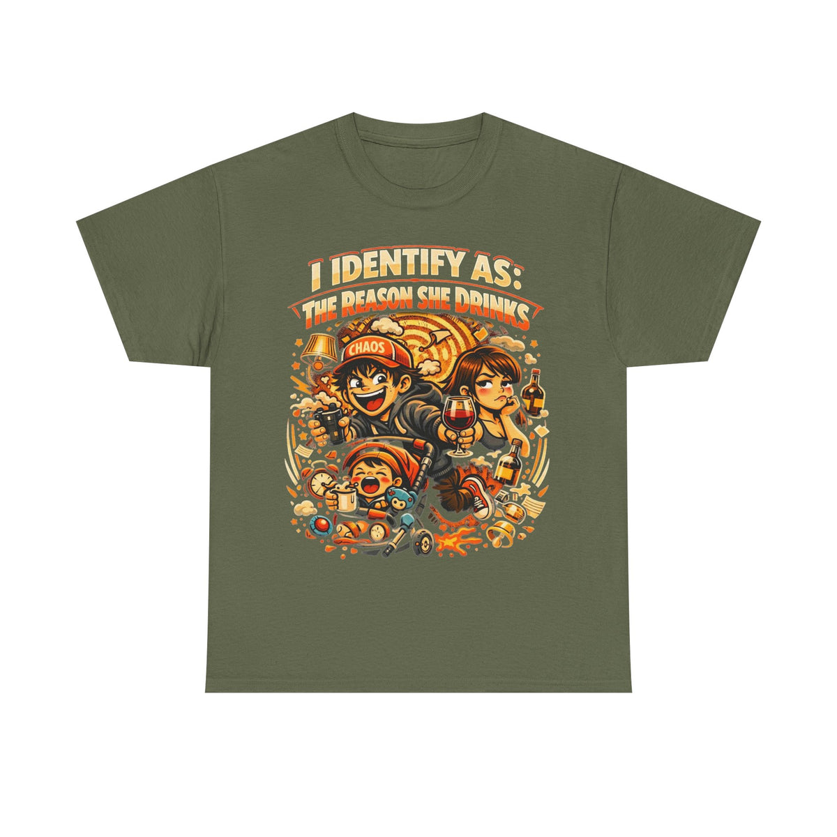 Funny Slogan T‑Shirt – “I Identify As The Reason She Drinks” – Humour Tee – Novelty Gift – Unisex Cotton Graphic Shirt | Chaos Clothing by I Identify As