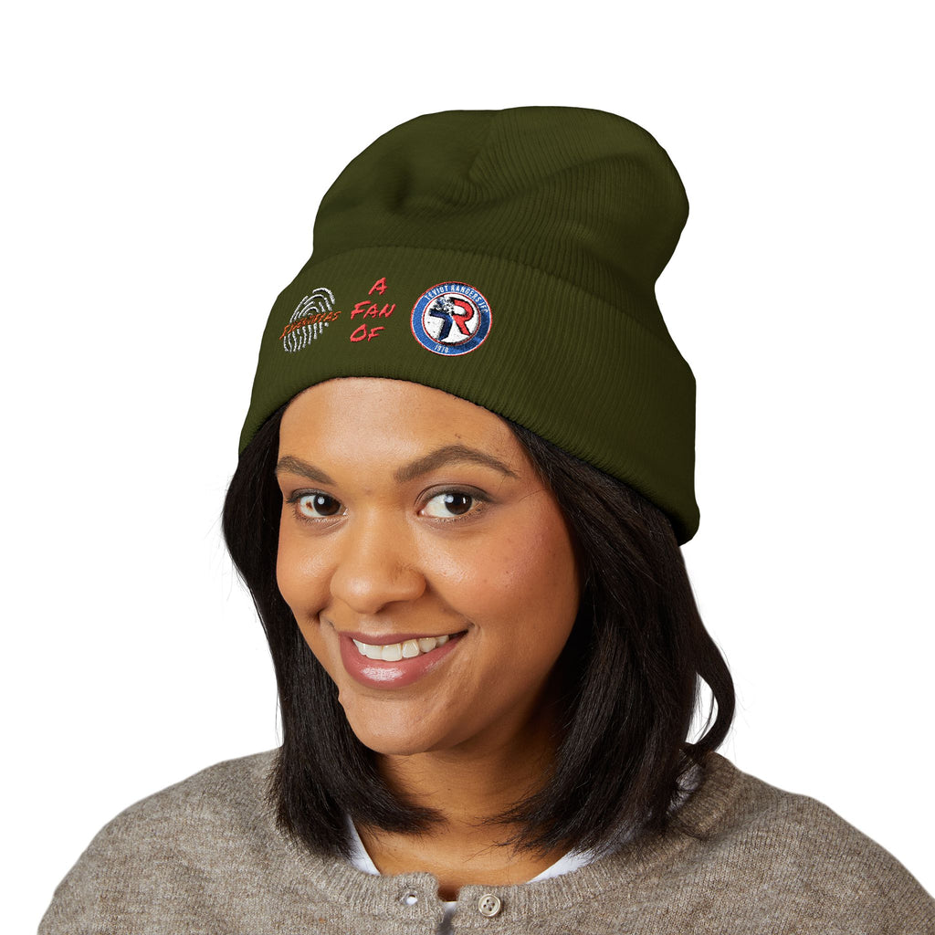 Embroidered 'A Fan Of' Classic Cuffed Beanie — White Knit Winter Hat