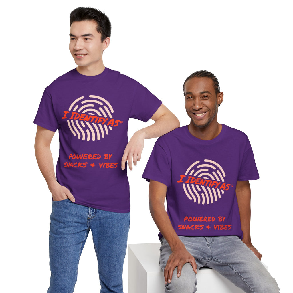 I Identify As Powered By Snacks and Vibes funny graphic t‑shirt – snack lover humour design – unisex cotton tee