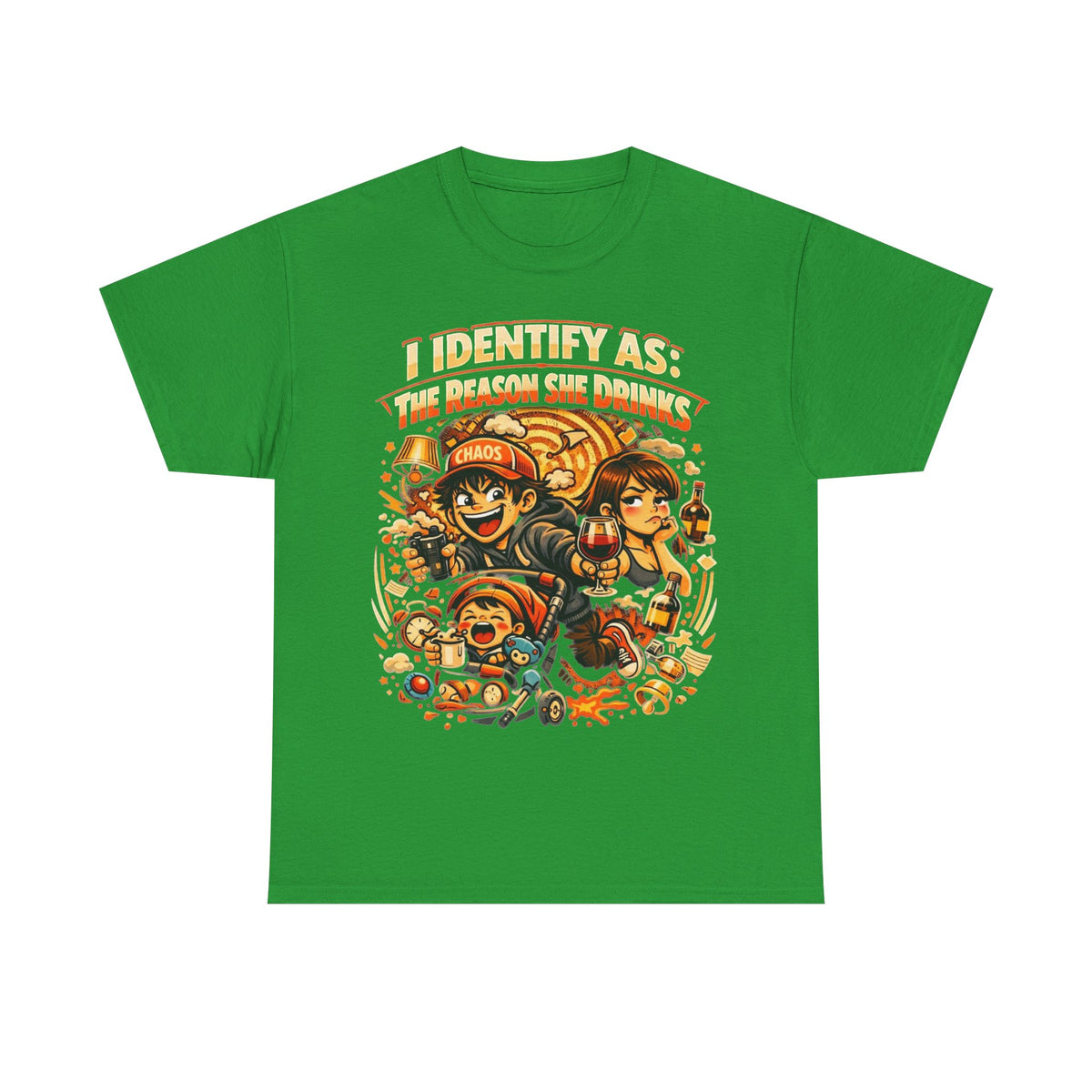 Funny Slogan T‑Shirt – “I Identify As The Reason She Drinks” – Humour Tee – Novelty Gift – Unisex Cotton Graphic Shirt | Chaos Clothing by I Identify As