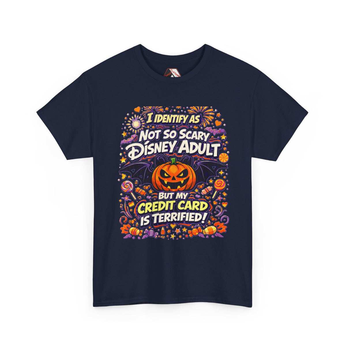 A dark blue short-sleeve crewneck t-shirt with a colorful graphic print on the front. The graphic features a jack-o'-lantern, bats, candy corn, and fireworks, with the text 'I IDENTIFY AS NOT SO SCARY DISNEY ADULT BUT MY CREDIT CARD IS TERRIFIED!' in stylized fonts.