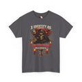 A dark gray short-sleeve t-shirt with a graphic print of a grim reaper holding a skull, with candles, an hourglass, and the text 'I IDENTIFY AS LOW SOCIAL BATTERY Please recharge me.' on a white background.
