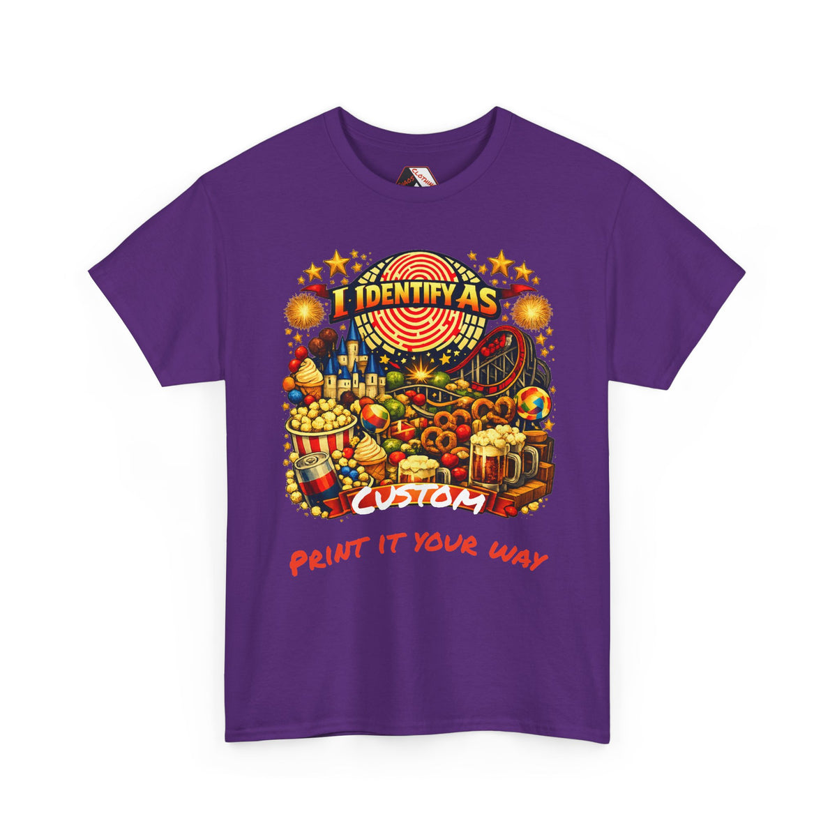 A purple short-sleeve t-shirt with a colorful graphic print on the front featuring a carnival theme and the text 'I IDENTIFY AS CUSTOM' and 'PRINT IT YOUR WAY'.
