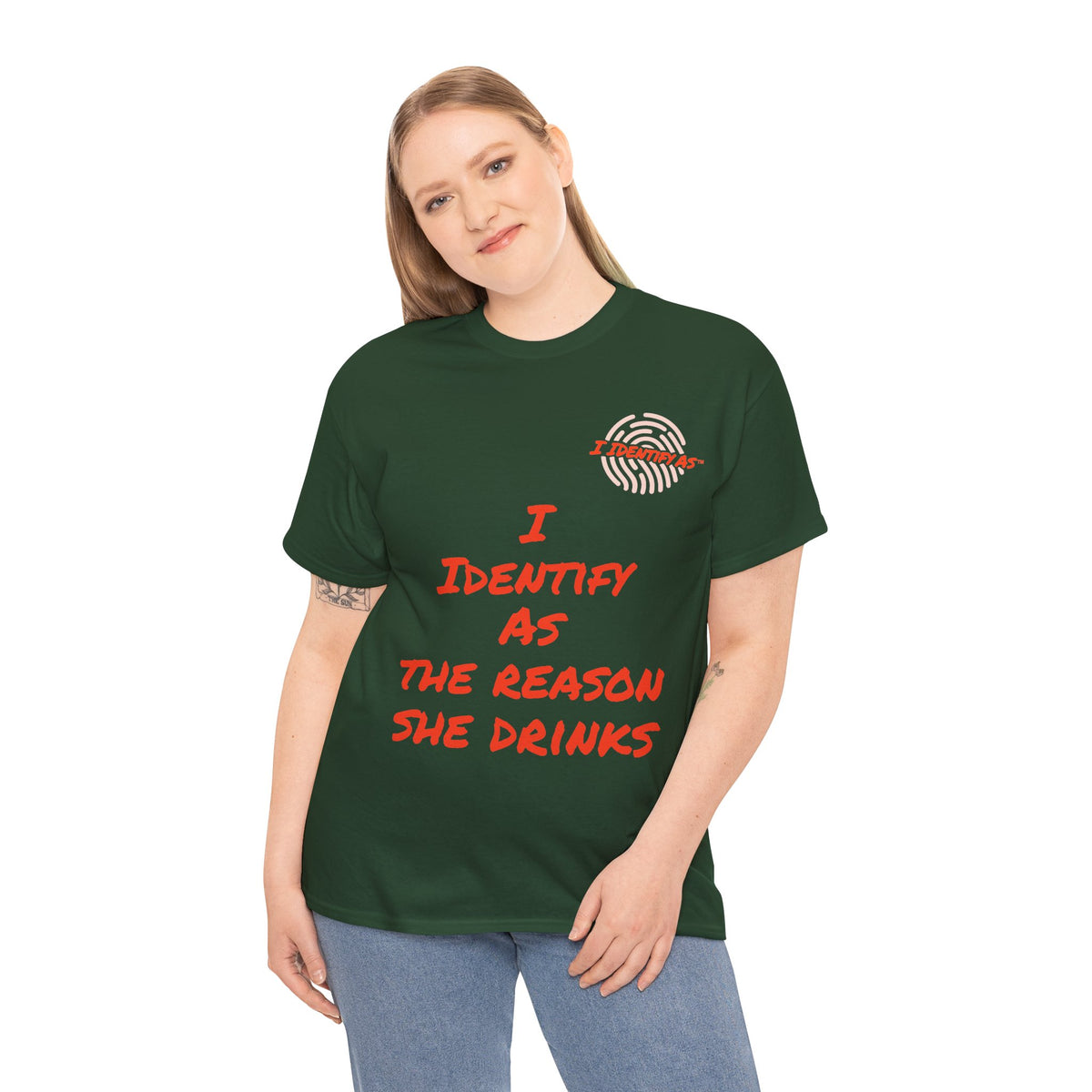 Funny Slogan T‑Shirt – “I Identify As The Reason She Drinks” – Humour Tee – Novelty Gift – Unisex Cotton Graphic Shirt