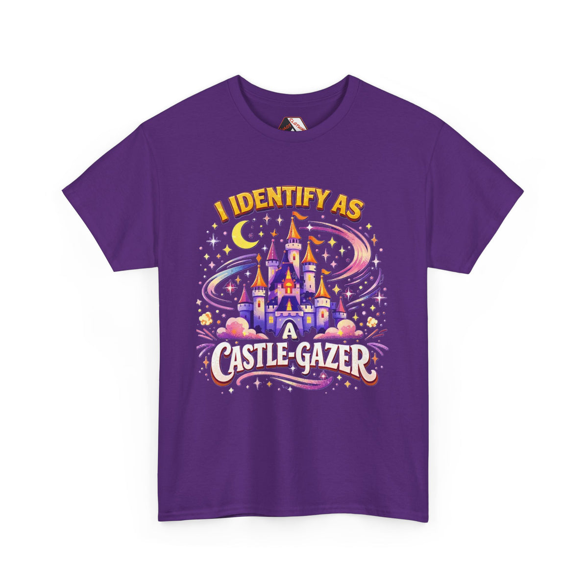 A purple short-sleeve t-shirt with a colorful graphic on the front featuring a castle, stars, a crescent moon, and the text 'I IDENTIFY AS A CASTLE-GAZER'.