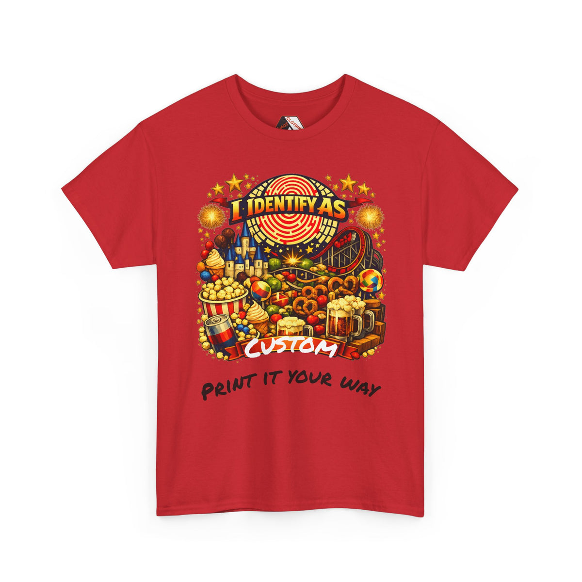 A red short-sleeve t-shirt with a colorful carnival-themed graphic print featuring the text 'I IDENTIFY AS CUSTOM' and 'PRINT IT YOUR WAY'.