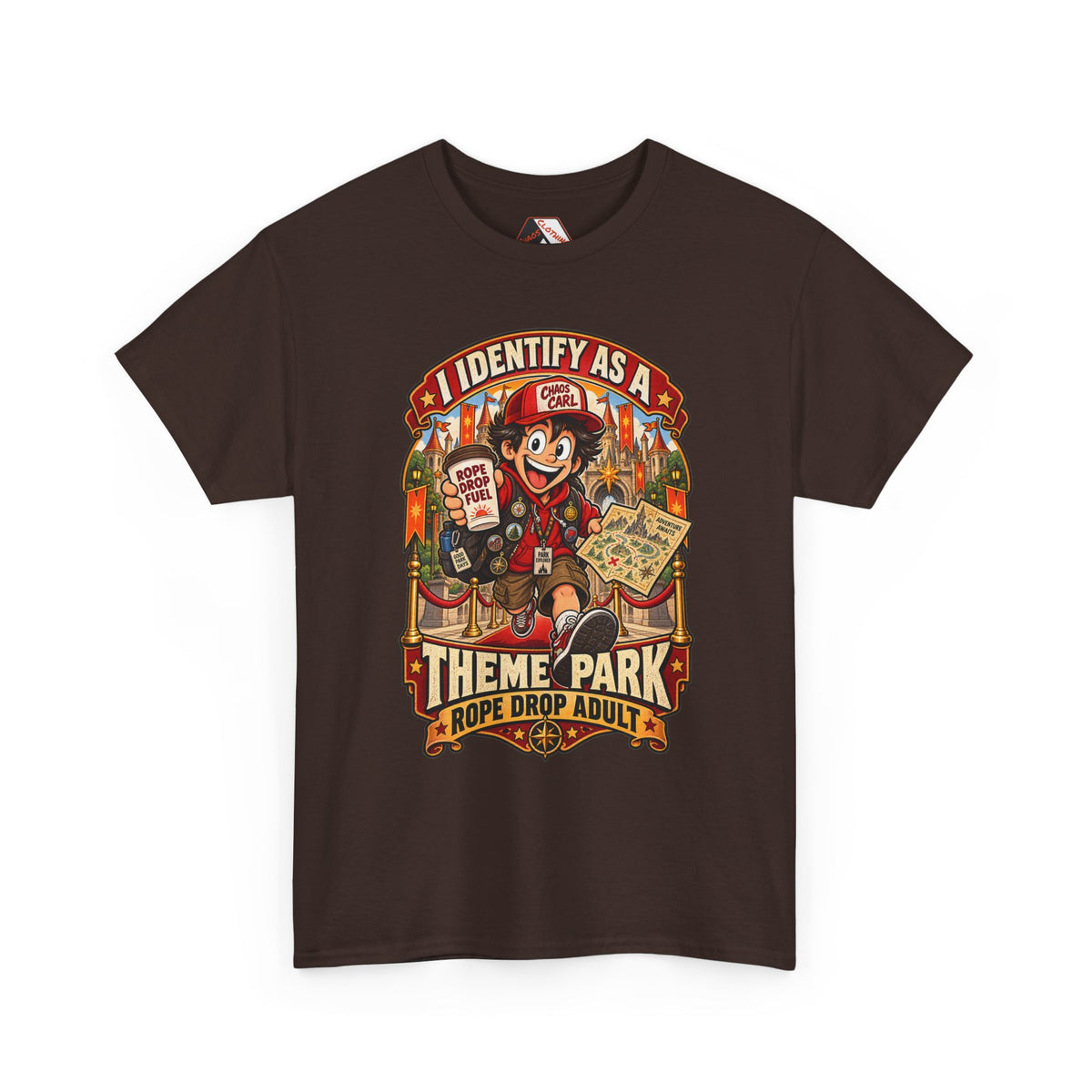 Chaos Clothing by I Identify As™ funny theme park adult shirt showcasing Chaos Carl™ racing towards rope drop with explorer backpack, fantasy castle and retro typography.