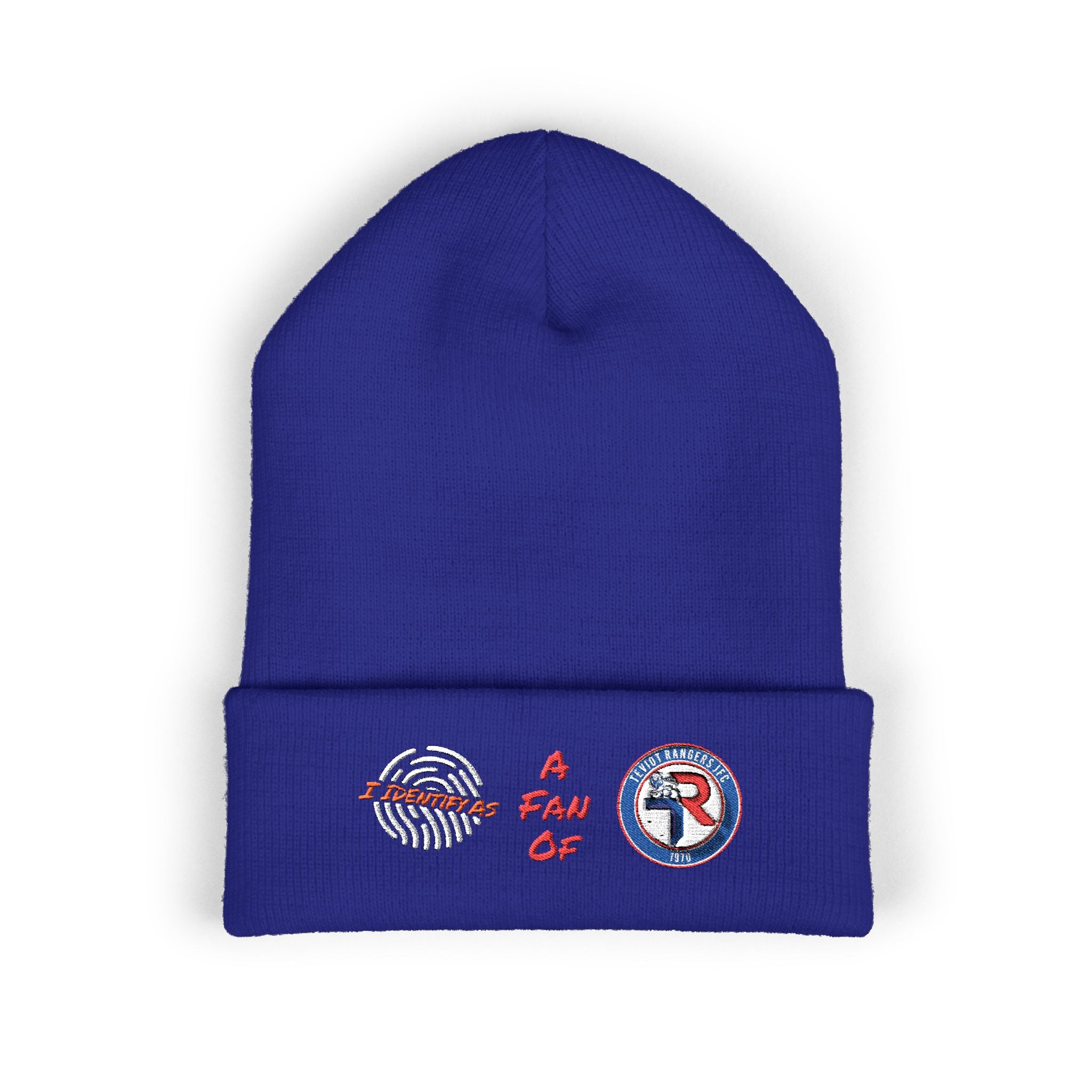 Embroidered 'A Fan Of' Classic Cuffed Beanie — White Knit Winter Hat