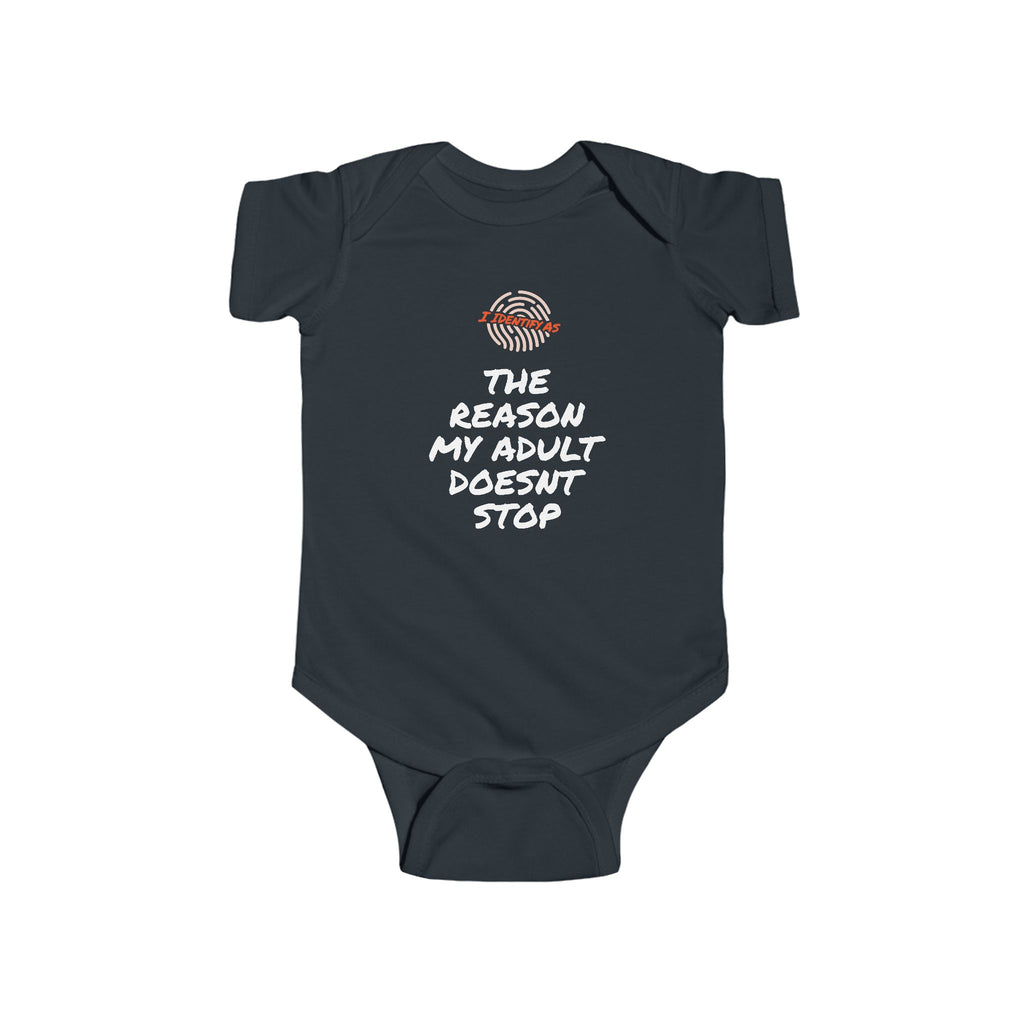 Navy blue baby onesie with a bunny and plant design on a white background