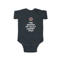 Navy blue baby onesie with a bunny and plant design on a white background