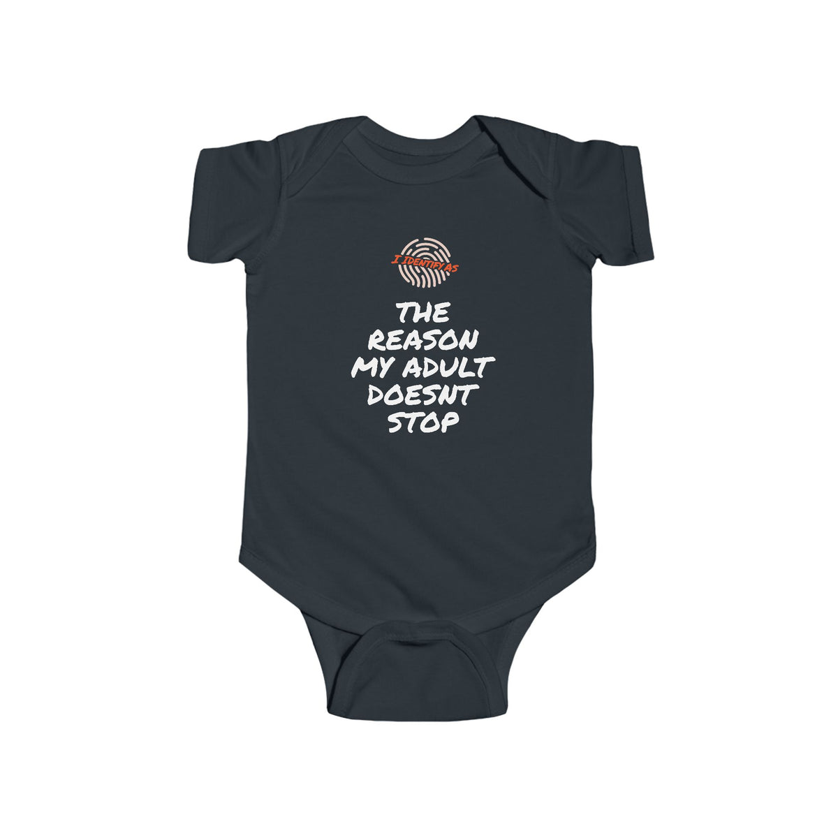 Navy blue baby onesie with a bunny and plant design on a white background