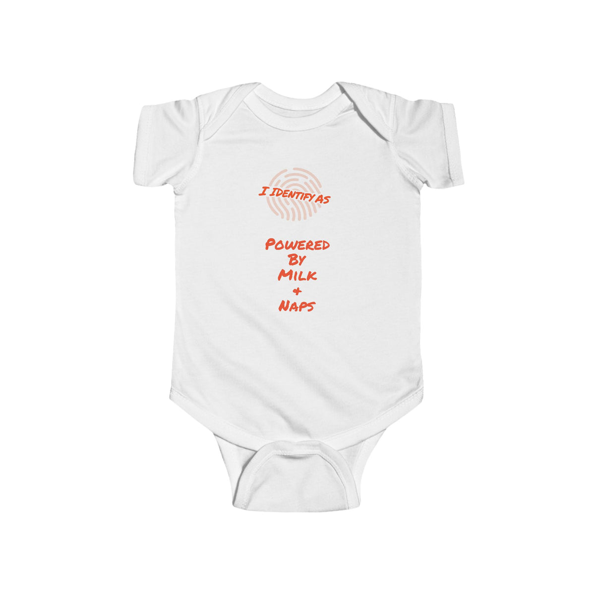A white short-sleeve baby bodysuit with a red graphic print on the chest that reads 'I IDENTIFY AS POWERED BY MILK + NAPS' with a fingerprint design, shown on a plain white background.