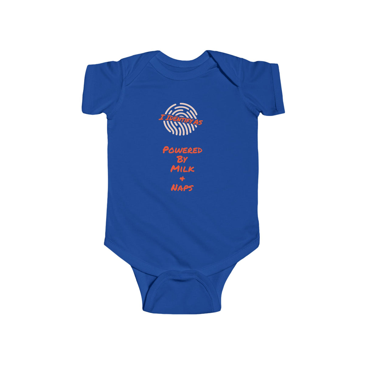 baby bodysuit with short sleeves and snap closures, featuring a graphic print on the chest that reads 'I IDENTIFY AS' above a fingerprint illustration and 'POWERED BY MILK + NAPS' 