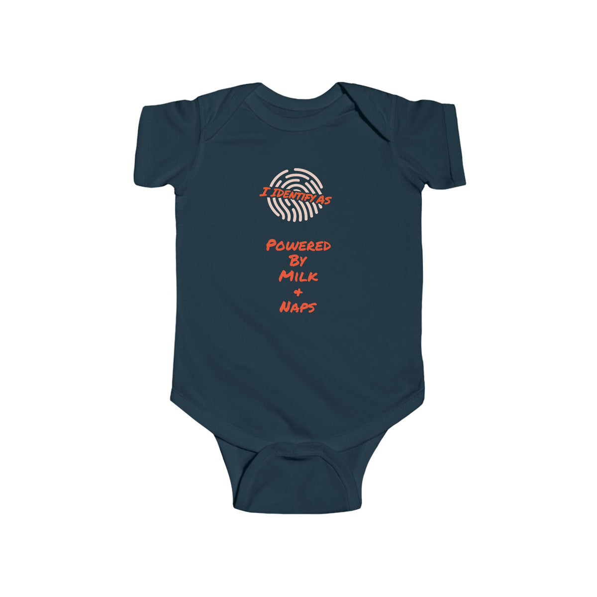baby bodysuit with short sleeves and snap closures, featuring a graphic print on the chest that reads 'I IDENTIFY AS' above a fingerprint illustration and 'POWERED BY MILK + NAPS' 