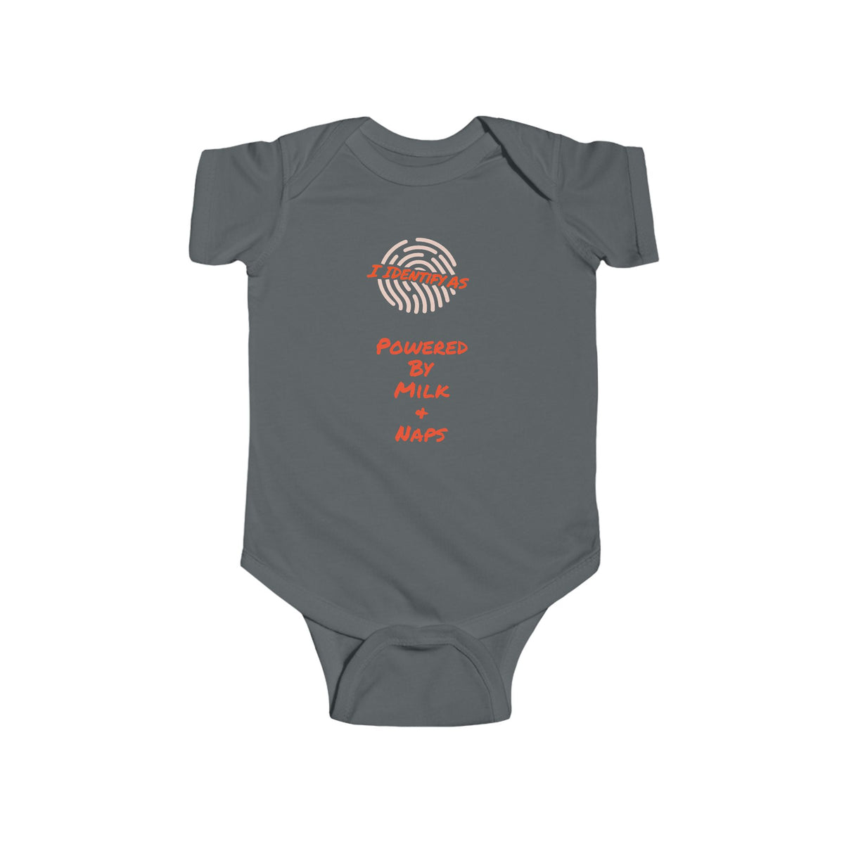 baby bodysuit with short sleeves and snap closures, featuring a graphic print on the chest that reads 'I IDENTIFY AS' above a fingerprint illustration and 'POWERED BY MILK + NAPS' 