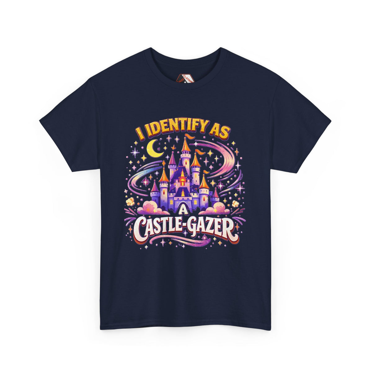 A navy blue short-sleeve t-shirt with a colorful graphic on the front featuring a castle, stars, a crescent moon, and the text 'I IDENTIFY AS A CASTLE-GAZER'.