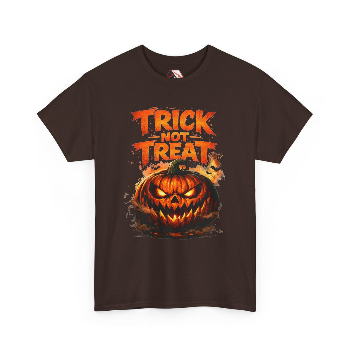A dark brown short-sleeve crewneck t-shirt featuring a Halloween graphic print with the text 'TRICK NOT TREAT' in orange above a carved jack-o'-lantern pumpkin.