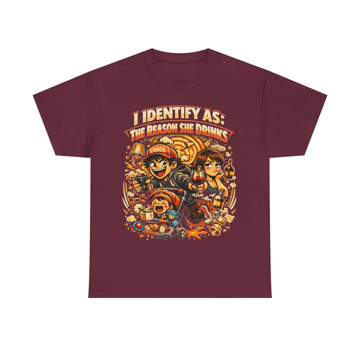 Funny Slogan T‑Shirt – “I Identify As The Reason She Drinks” – Humour Tee – Novelty Gift – Unisex Cotton Graphic Shirt | Chaos Clothing by I Identify As