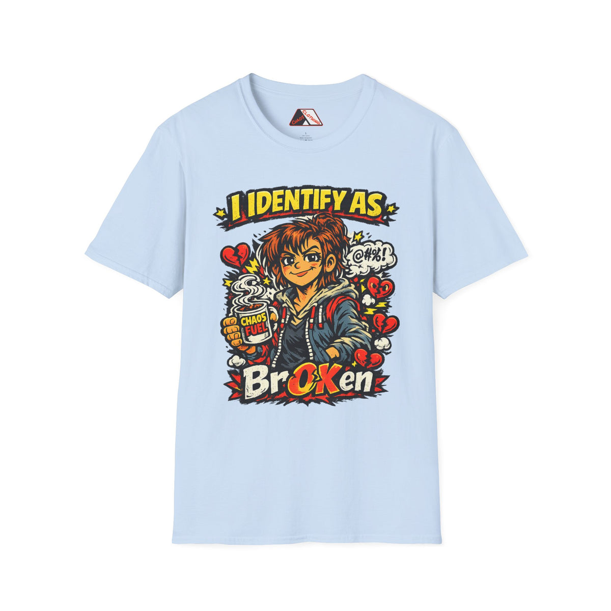 Baby Blue Funny comic t‑shirt design for parents and caffeine lovers featuring Fiona and chaos symbols from Chaos Clothing by I Identify As