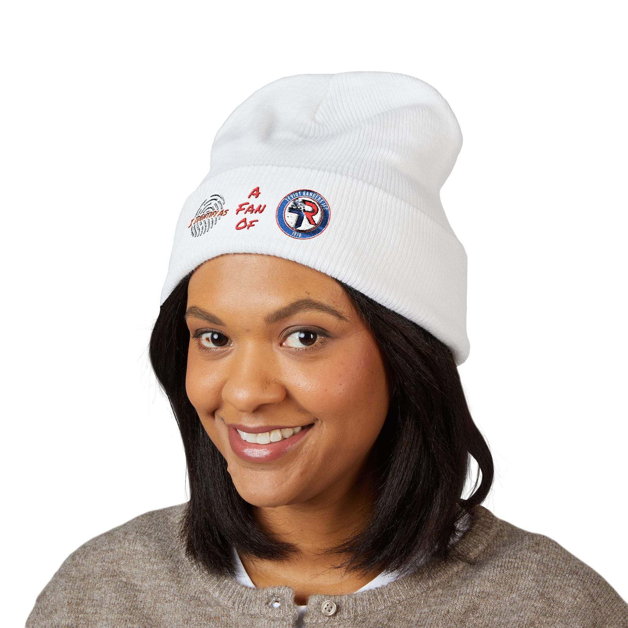 Embroidered 'A Fan Of' Classic Cuffed Beanie — White Knit Winter Hat