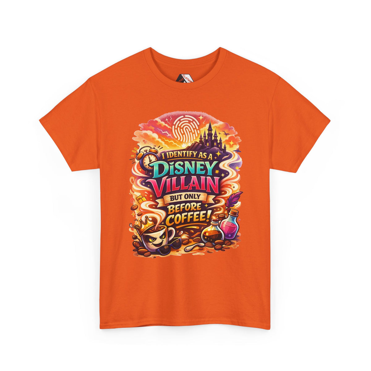 I Identify As a Disney Villain Before Coffee – Funny Theme Park T‑Shirt for Disney Adults