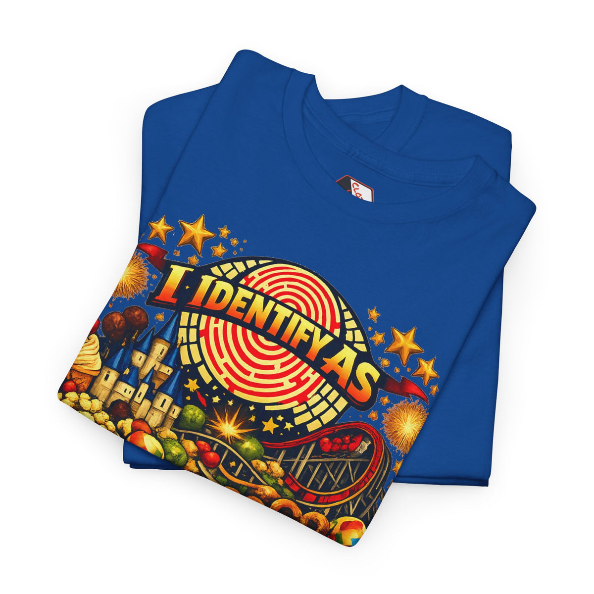 A folded royal blue t-shirt with a colorful graphic print on the front. The graphic features the text 'I IDENTIFY AS' in yellow letters over a red spiral target, surrounded by carnival motifs like stars, fireworks, a Ferris wheel, and food items, all set against a clean white background.