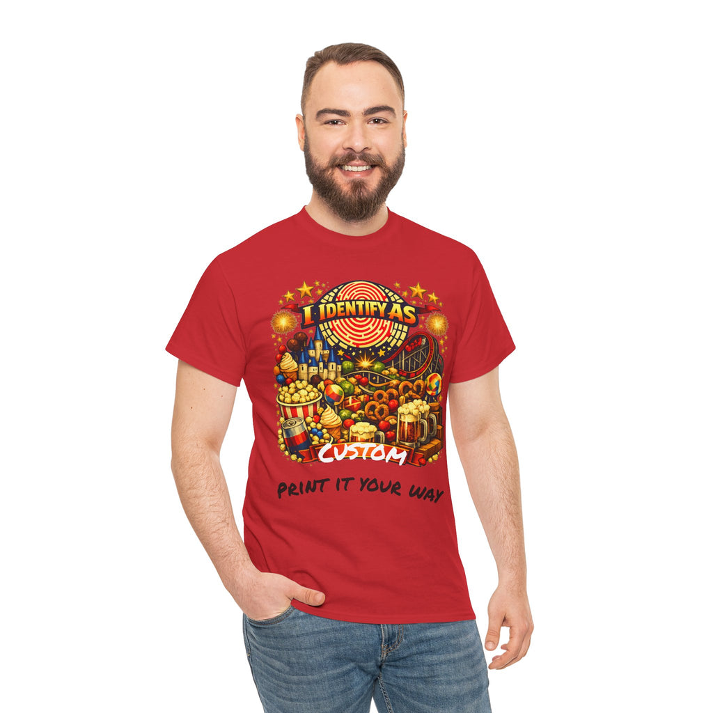 A man wearing a red graphic t-shirt with a colorful carnival-themed print that reads 'I IDENTIFY AS CUSTOM PRINT IT YOUR WAY', paired with blue jeans, against a plain white background.