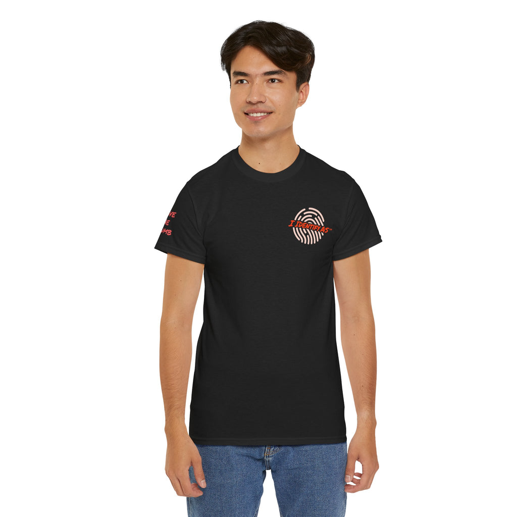 I Identify As® Above The Thumb identity sleeve collection t‑shirt – subtle sleeve print – unisex cotton tee