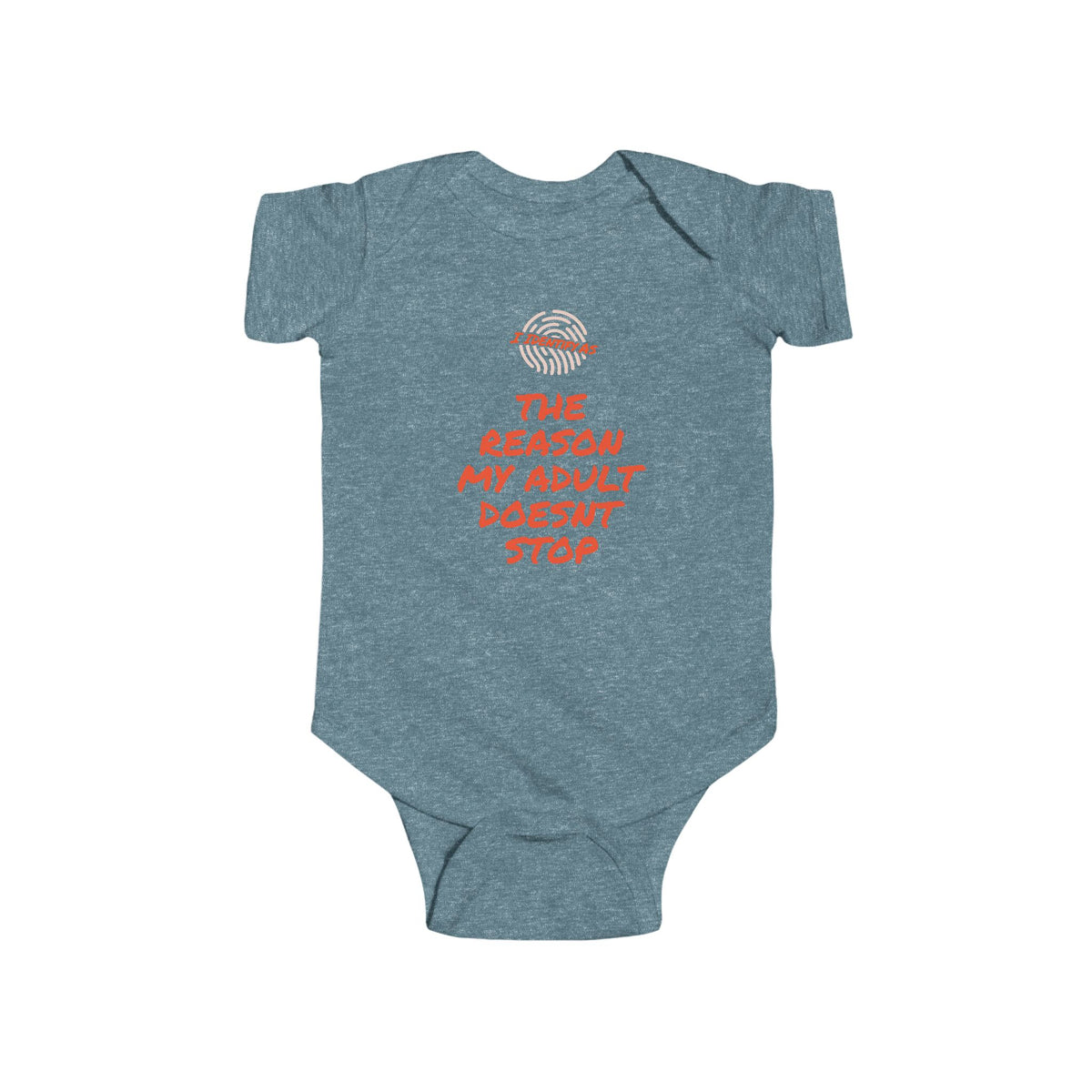 A heather blue baby bodysuit with a graphic on the chest featuring a striped donut with a red bite taken out and the text 'THE REASON MY ANIMAL WOULD NOT STOP' in orange, displayed on a solid white background.