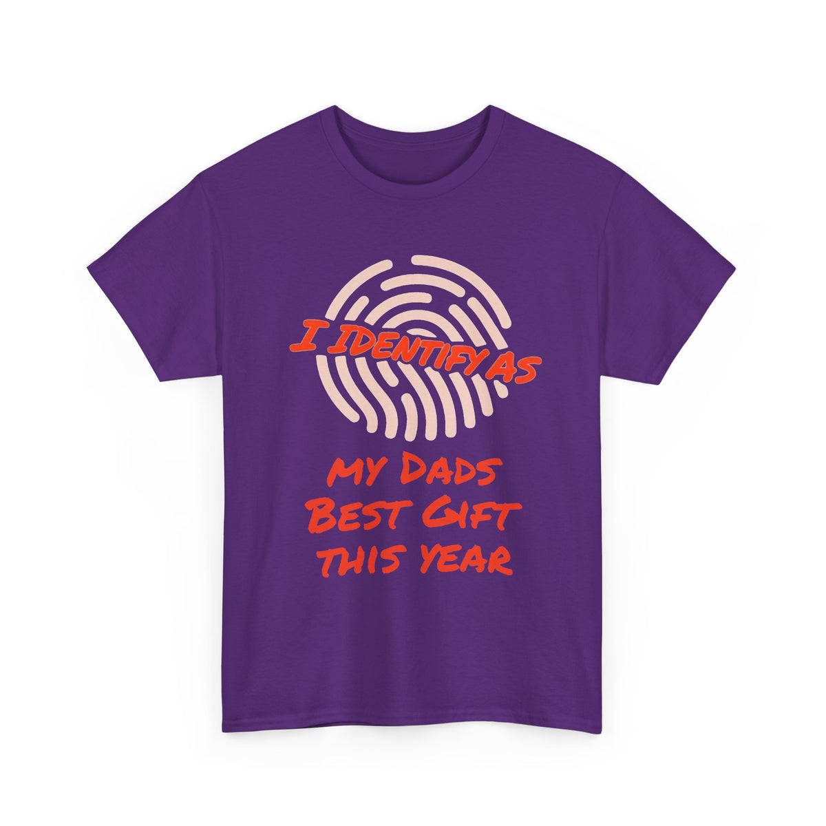 Purple t-shirt with fingerprint graphic and funny 'I identify as my dads best gift' text.
