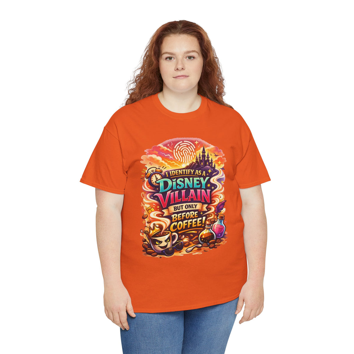 I Identify As a Disney Villain Before Coffee – Funny Theme Park T‑Shirt for Disney Adults