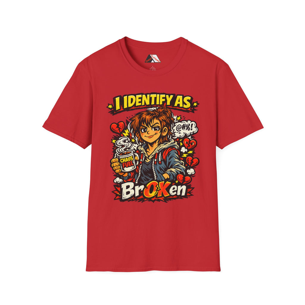 A red short-sleeve crewneck t-shirt featuring a colorful graphic print of a cartoon character holding a beer mug with the text 'I IDENTIFY AS BroKEN' 