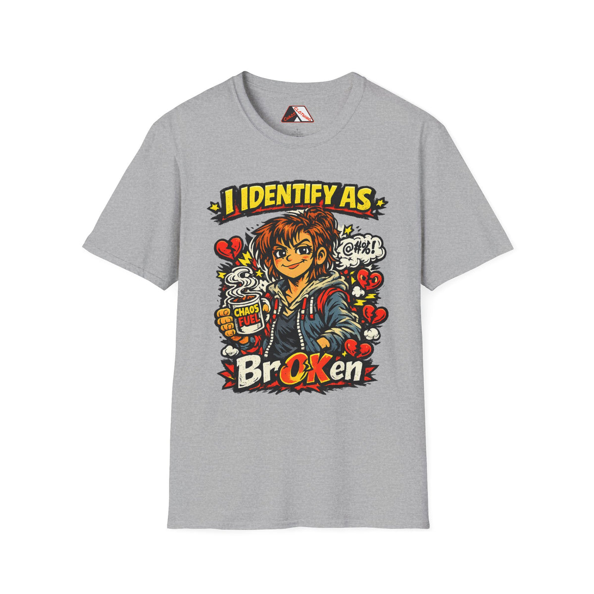 Chaos Clothing humour tee showing tired Fiona with coffee cup and lightning bolts around her from Chaos Clothing by I Identify As