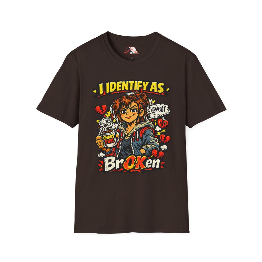Full‑colour comic artwork of Parental Fatigue Fiona under “I Identify As BrOKen” slogan from Chaos Clothing by I Identify As