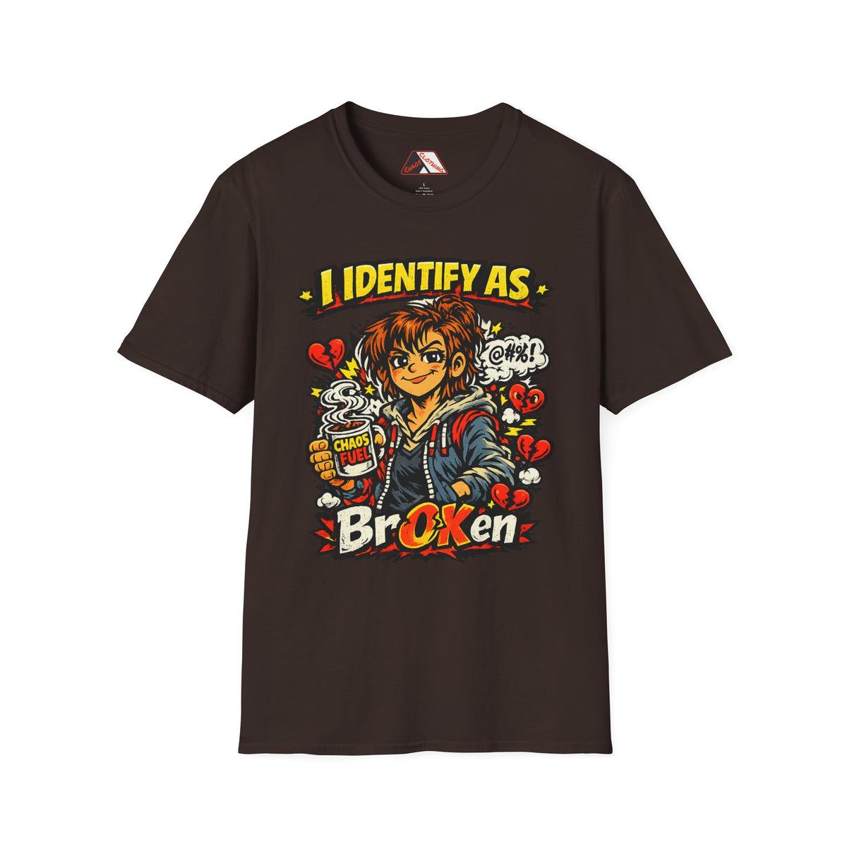 Full‑colour comic artwork of Parental Fatigue Fiona under “I Identify As BrOKen” slogan from Chaos Clothing by I Identify As