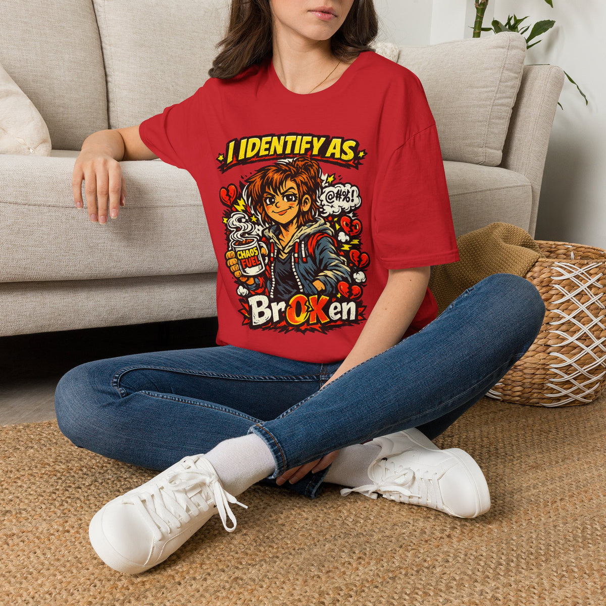 Red Chaos Clothing graphic tee showing Parental Fatigue Fiona and colourful BrOKen slogan for tired adults from Chaos Clothing by I Identify As