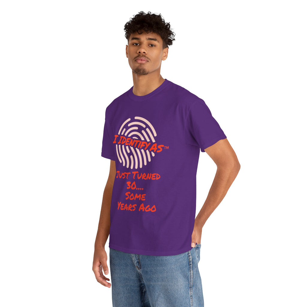 A man wearing a purple t-shirt with a white fingerprint graphic and red text that reads  JUST TURNED 30.